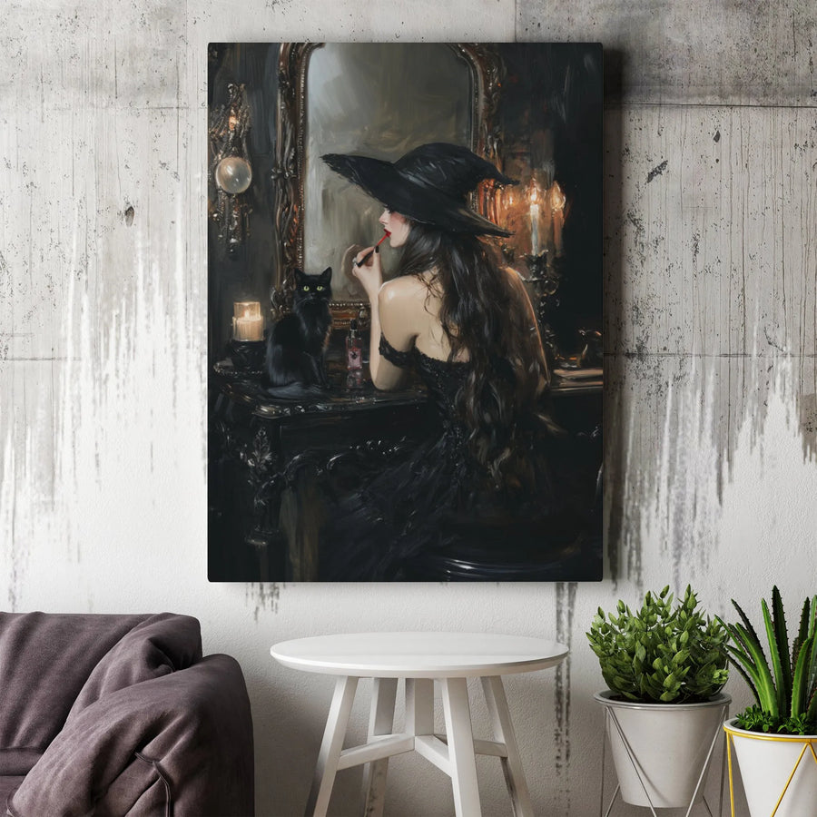Witch Wall Art Canvas | Gothic Black Cat Vanity Portrait | Premium Gallery Wrapped Decor | Spooky Witchy Aesthetic Gift for Her