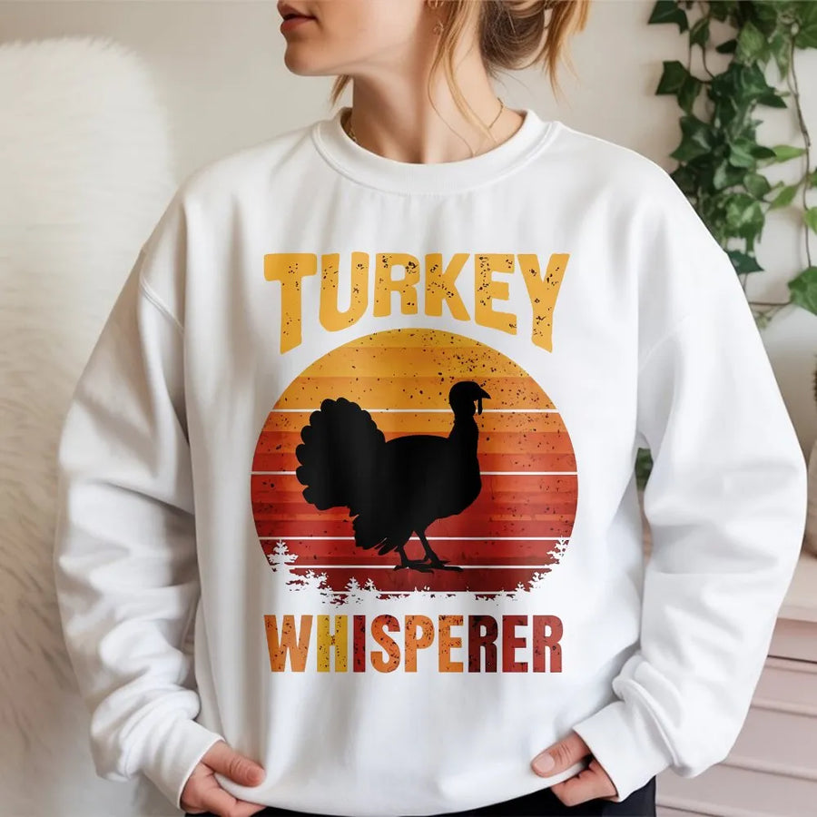 Turkey Whisperer Sweatshirt | Retro Sunset Turkey Hunter Design | Premium Cotton Blend | Funny Hunting Season Gift for Dad, Outdoor Apparel
