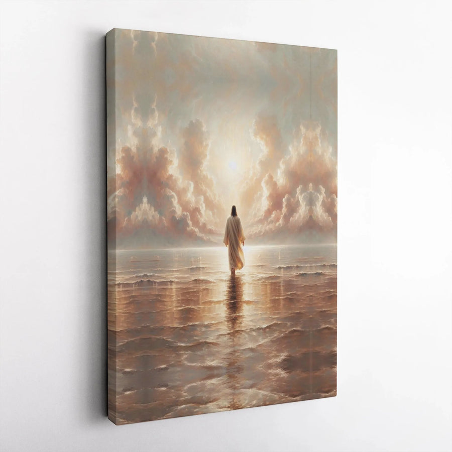 Jesus Walking On Water Canvas | Serene Sunrise Religious Wall Art | Premium Gallery Wrapped Print | Christian Home Decor Gift
