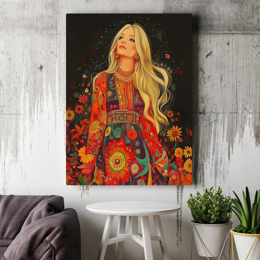 Bohemian Woman Canvas Wall Art | Psychedelic Floral Portrait Print | Premium Gallery-Wrapped Decor | Boho Chic Gift for Home Office