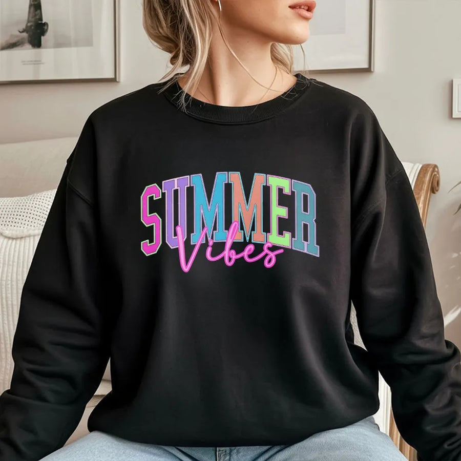 Summer Vibes Sweatshirt | Colorful Retro Graphic Pullover | Soft Cotton Blend | Trendy Beach Vacation Gift for Her