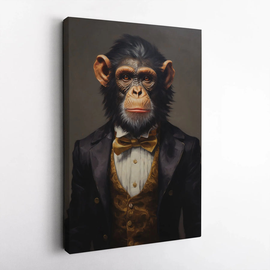 Dapper Chimpanzee Canvas Wall Art | Victorian Monkey in Tuxedo Portrait | Premium Gallery Wrapped Print | Unique Home & Office Decor Gift