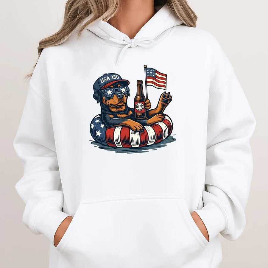Patriotic Rottweiler Hoodie | Funny USA 250 American Flag Graphic | Premium Unisex Pullover | Gift for Patriotic Dog Lover