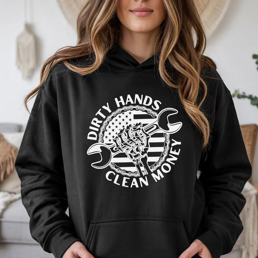 Dirty Hands Clean Money Hoodie | Patriotic Mechanic Tool Graphic | Premium Cotton Blend | Gift For Car Enthusiasts & Blue Collar Workers