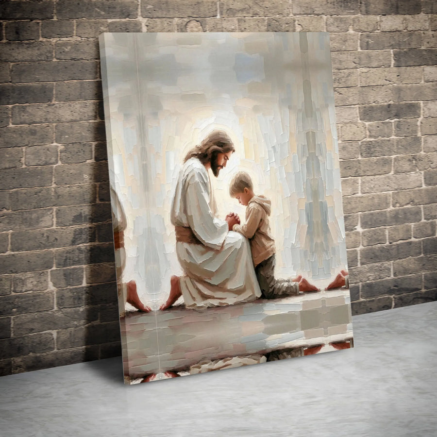 Jesus Kneeling With Child Canvas | Spiritual Prayer Wall Art | Premium Gallery-Wrapped Print | Religious Christian Gift for Home Decor