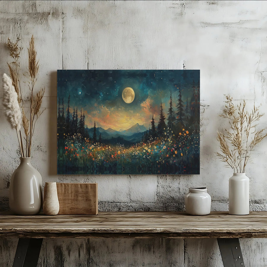 Moonlit Wildflower Meadow Canvas Art | Celestial Forest & Mountain Landscape | Premium Gallery Wrapped Canvas | Boho Living Room Decor Gift