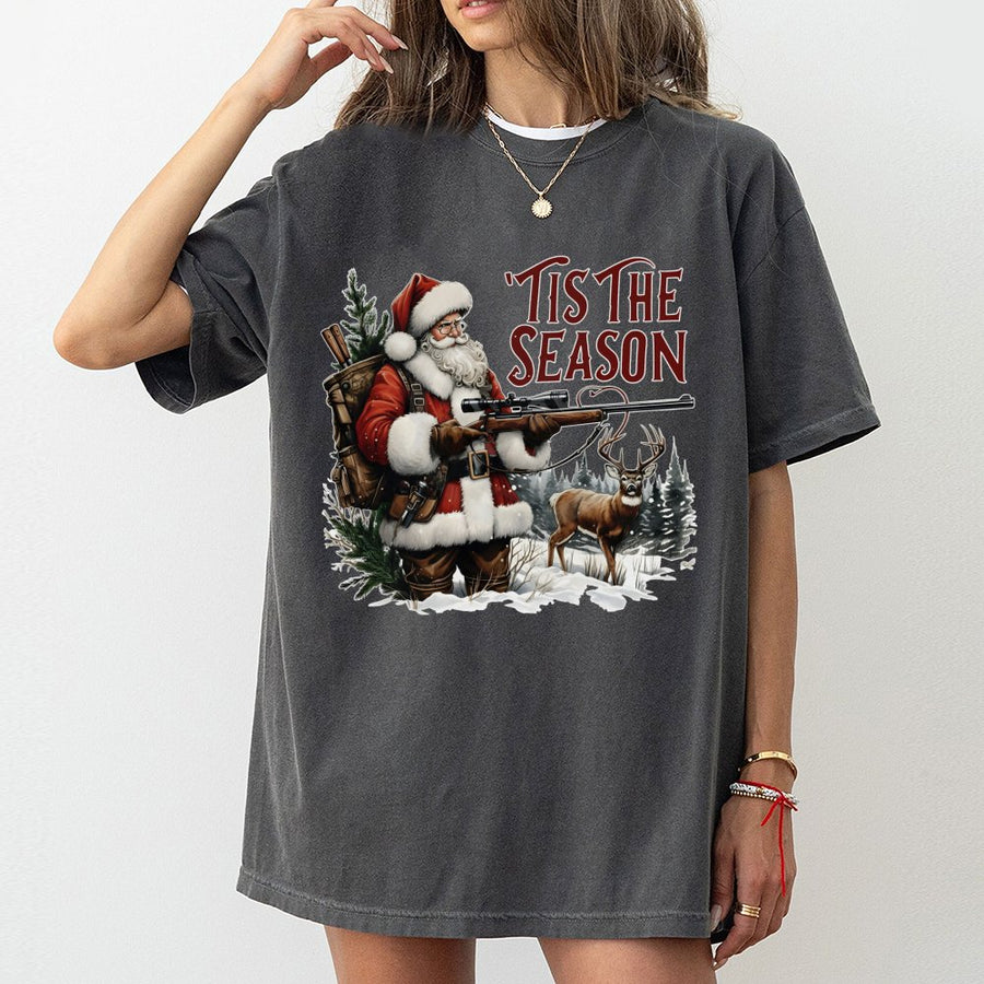 Tis The Season Hunting T-Shirt | Santa Claus Deer Hunter Graphic | Premium 100% Cotton Tee | Funny Christmas Gift for Outdoorsmen
