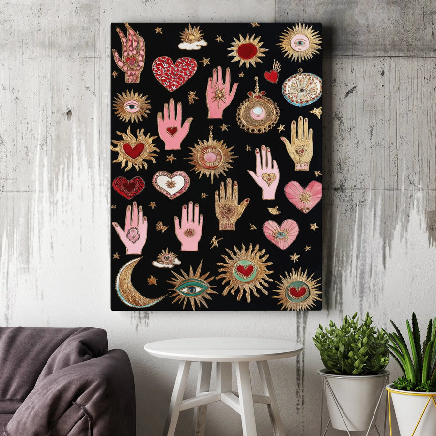 Mystical Hamsa Hand Canvas Wall Art | Celestial Evil Eye & Sun Pattern Decor | Premium Gallery-Wrapped Print | Bohemian Witchy Spiritual Home Gift