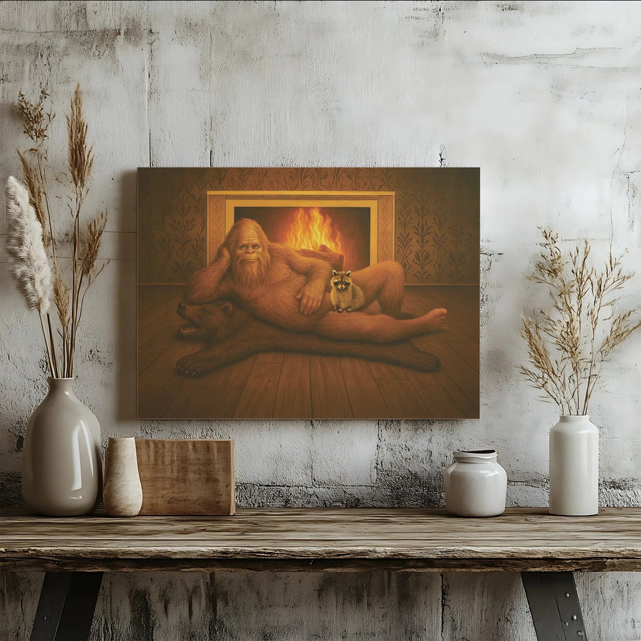 Bigfoot Canvas Wall Art | Humorous Sasquatch Fireside Portrait | Premium Gallery-Wrap Print | Funny Man Cave Decor Gift
