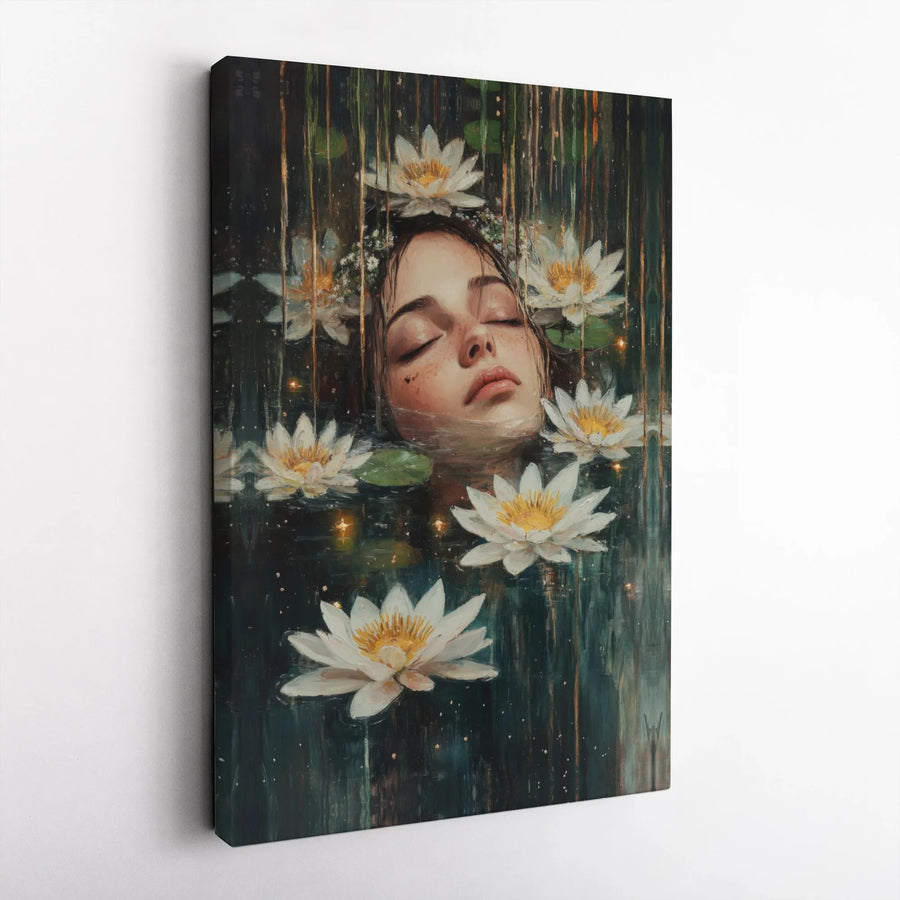 Floating Woman Wall Art | Serene Water Lily Pond Painting | Premium Gallery Wrapped Canvas | Calming Botanical Bedroom Decor Gift