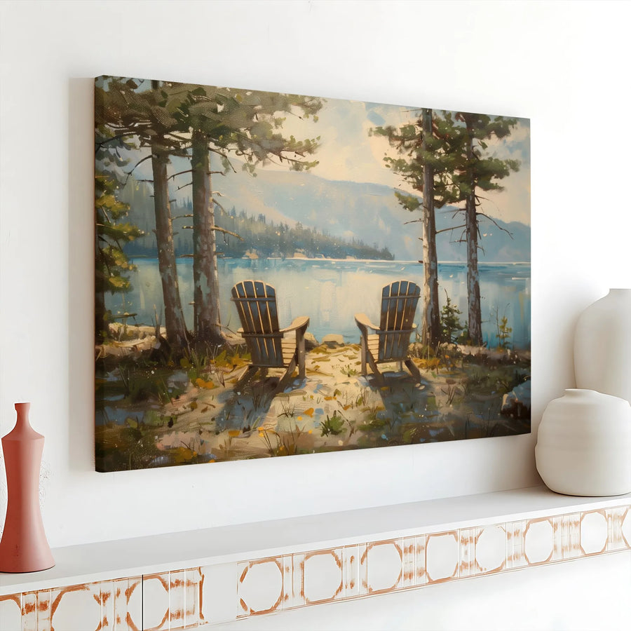 Lake House Wall Art | Peaceful Adirondack Chairs Nature Landscape | Premium Gallery Wrapped Canvas | Serene Cabin Decor Gift