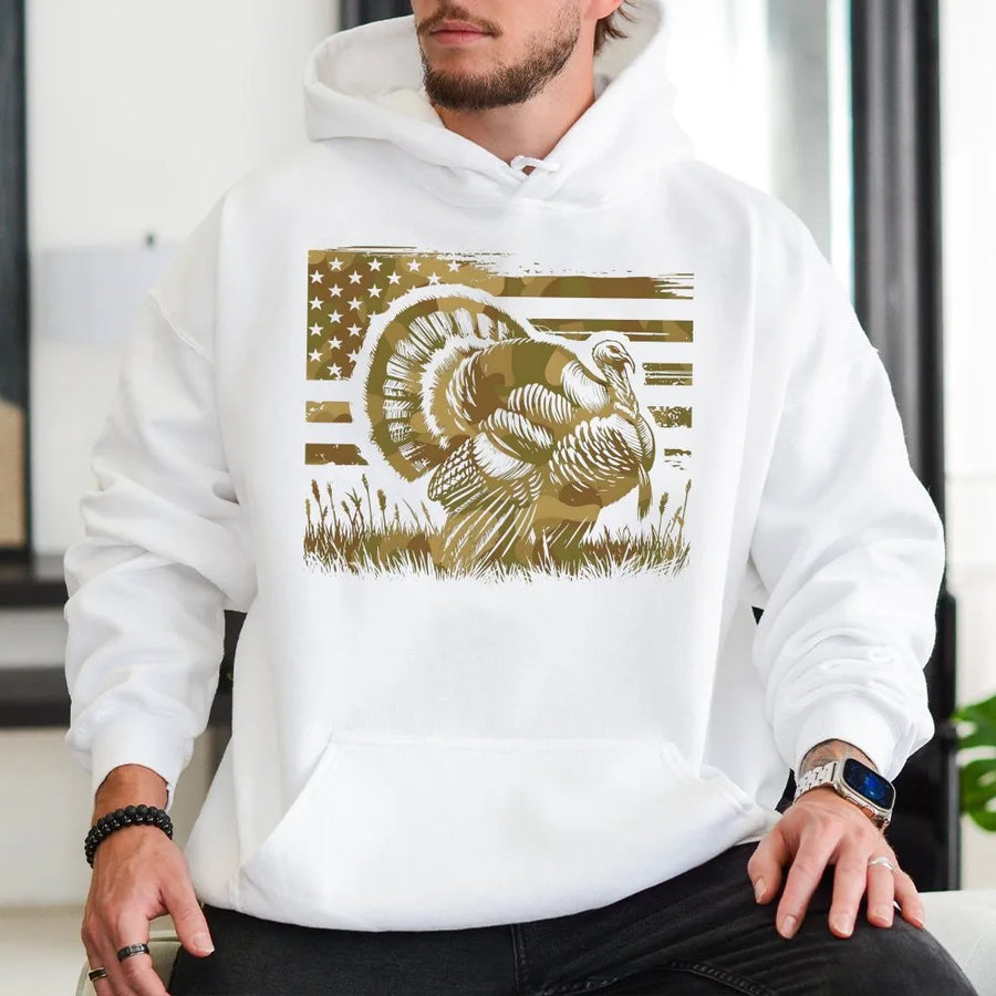 Turkey Hunting Hoodie | American Flag Camo Graphic | Soft Cotton Blend | Patriotic Gift for Hunter