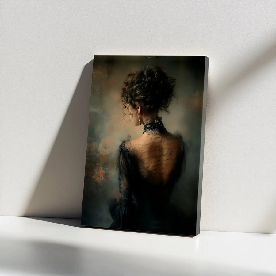 Gothic Victorian Woman Canvas Print | Moody Vintage Portrait with Script Lettering | 1.25 Inch Gallery Wrap | Elegant Dark Academia Wall Art