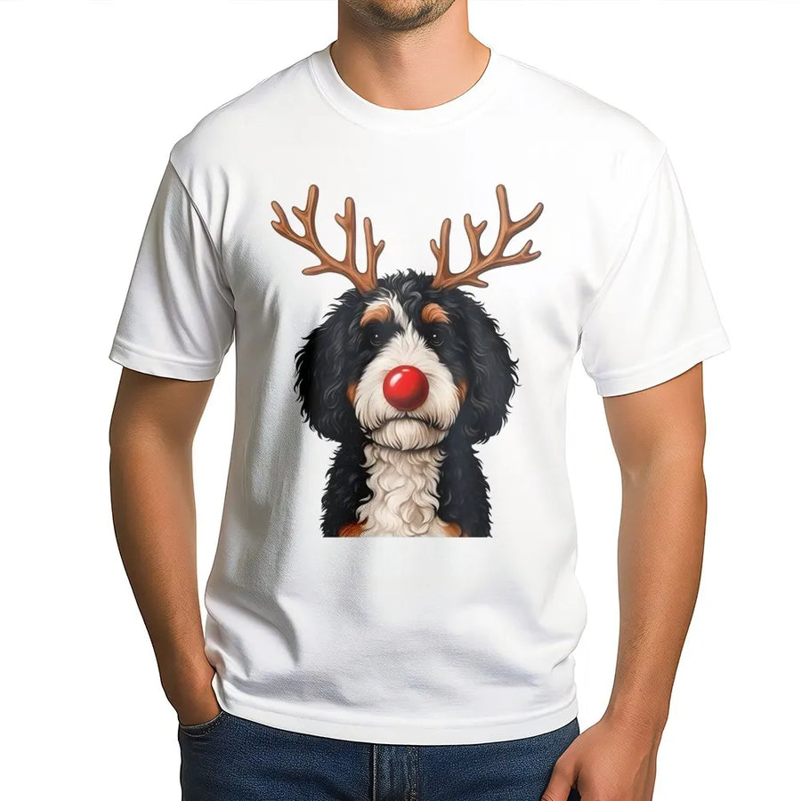 Bernadoodle Christmas T-Shirt | Reindeer Antlers Graphic Dog Design | Premium Cotton Apparel | Cute Holiday Gift for Dog Moms and Lovers