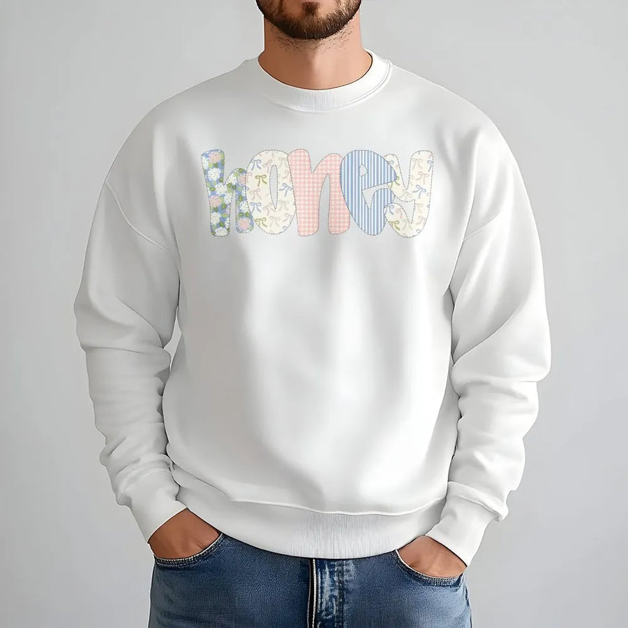 Coquette Honey Sweatshirt | Preppy Floral Bow Patchwork Graphic | Soft Cotton Blend | Aesthetic Spring Gift for Her