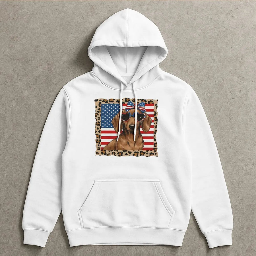Patriotic Dachshund Hoodie | American Flag Dog with Sunglasses | Premium Cotton Crewneck | 4th of July Gift for Dog Lover