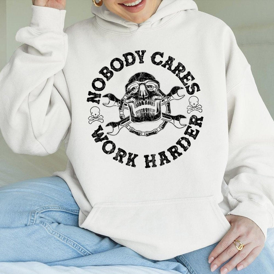 Nobody Cares Work Harder Hoodie | Skull Wrench Mechanic Graphic | Cotton-Blend Premium Streetwear | Motivational Gym Gift for Men and Women