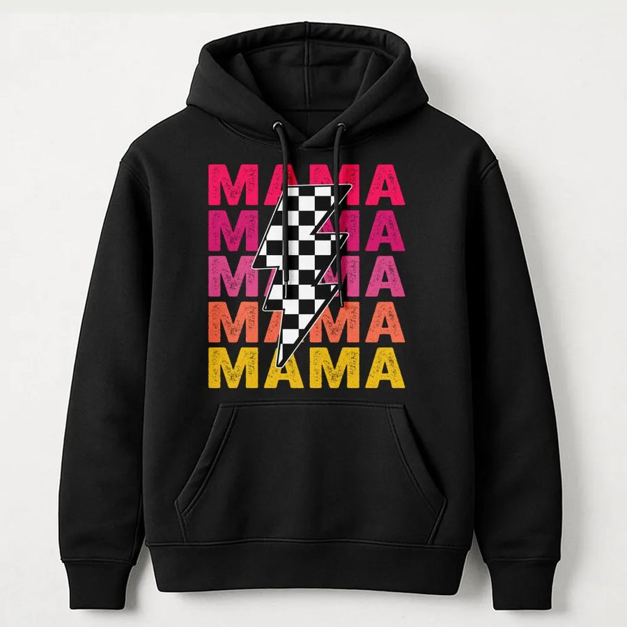 Mama Hoodie | Retro Checkered Lightning Bolt Graphic | Premium Soft Unisex Pullover | Trendy Mom Gift for Mother's Day 2026