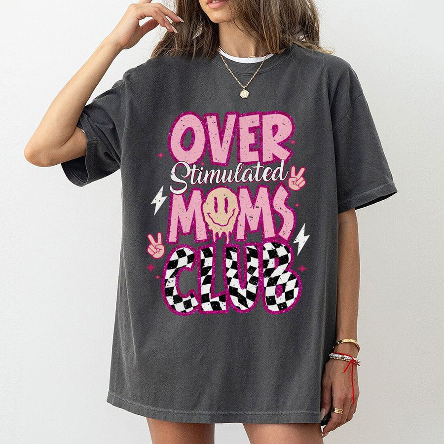 Over Stimulated Moms Club T-Shirt | Retro Pink Smiley Face Graphic | 100% Premium Cotton | Funny Gift for Tired Moms and New Mothers