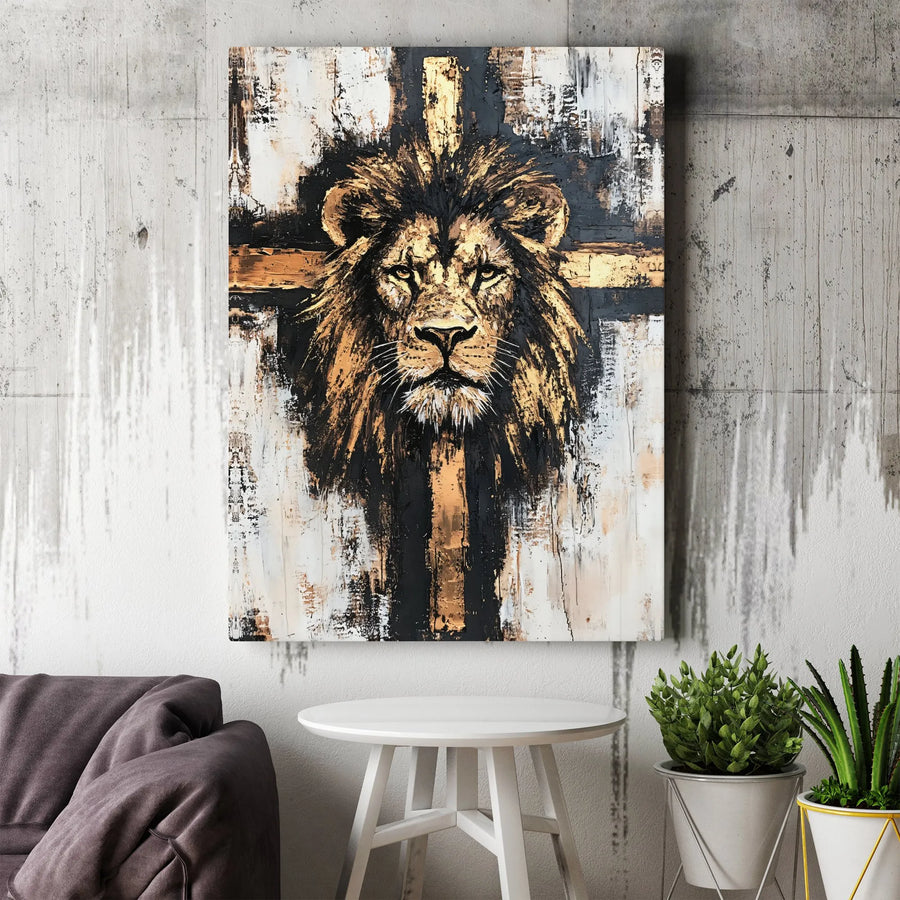 Lion of Judah Canvas Print | Abstract Christian Cross Wall Art | Premium Fade-Resistant Gallery Wrap | Religious Home Decor Gift for Believers