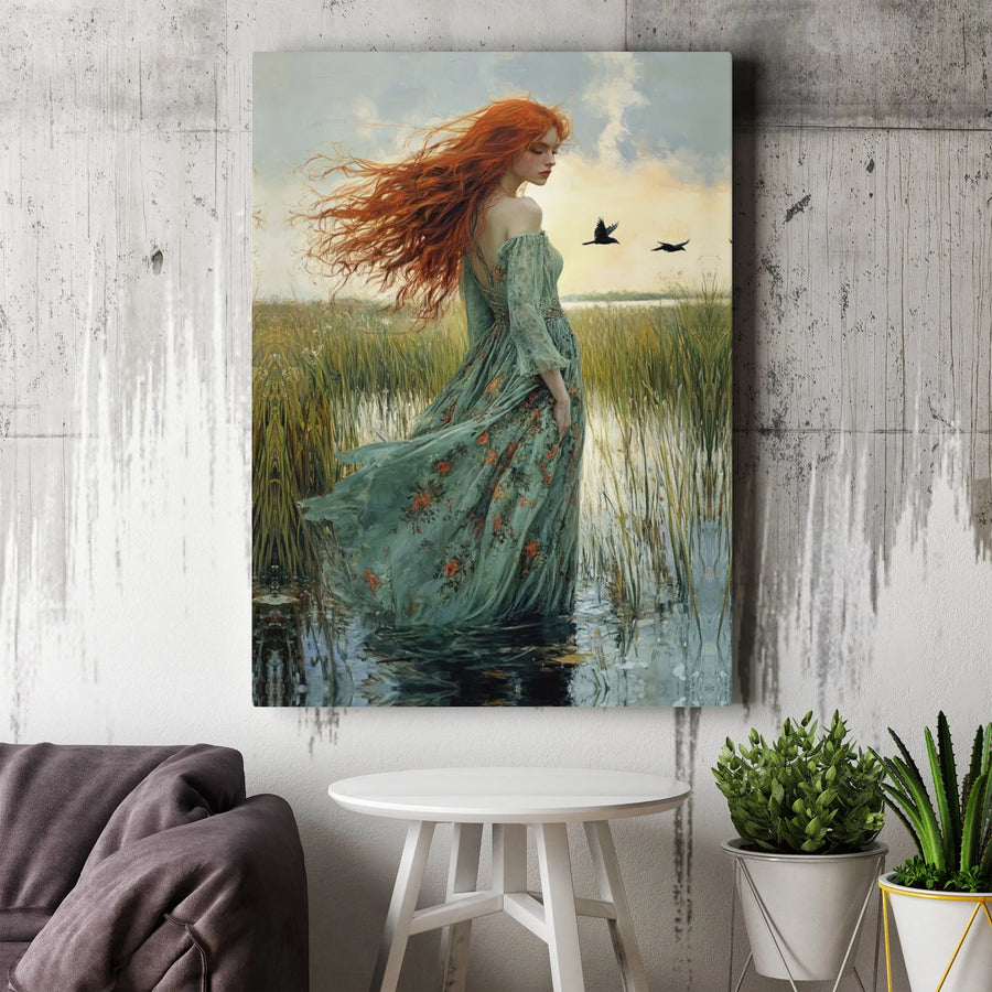 Red Hair Woman Canvas Wall Art | Ethereal Marshland Portrait | Premium Gallery Wrap Print | Whimsical Boho Home Decor Gift