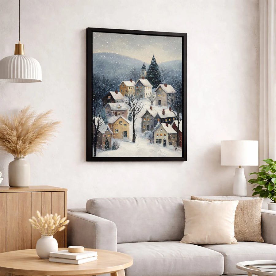 Winter Village Canvas Wall Art | Snowy Mountain Town Landscape | Premium Fade-Resistant Gallery Wrap | Cozy Holiday Home Decor Gift