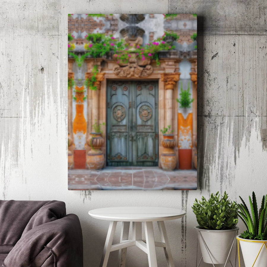 Mediterranean Door Wall Art | Ornate Antique Blue Double Door with Flowers | Gallery Wrap Canvas | Rustic Home Decor Gift