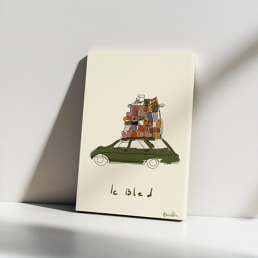 Le Bled Car Canvas Print | Overloaded Travel Illustration | Gallery Wrapped Premium Wall Art | Nostalgic Road Trip Decor For Home Office
