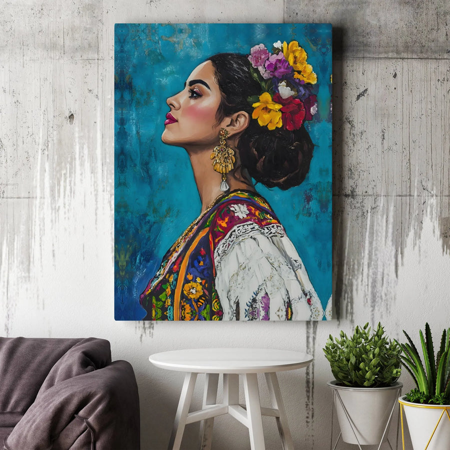 Hispanic Woman Wall Art | Floral Crown Portrait Canvas | Premium Gallery Wrap Print | Cultural Home Decor Gift for Her