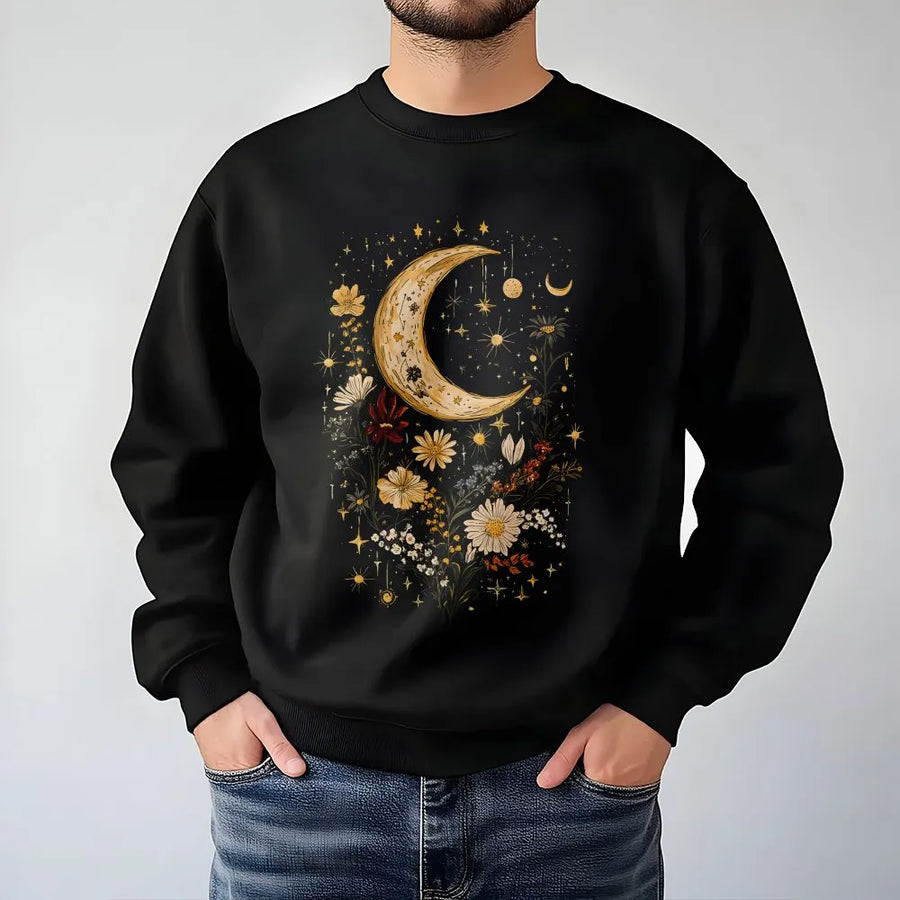 Vintage Moon Wildflower Sweatshirt | Celestial Botanical Graphic Sweatshirt | Premium Cotton-Blend Pullover | Cottagecore Aesthetic Gift