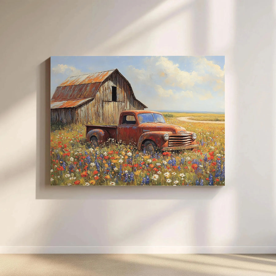 Rustic Red Truck Canvas Wall Art | Vintage Farmhouse Wildflower Meadow Decor | Premium Gallery Wrap Print | Farmhouse Living Room Decor Gift
