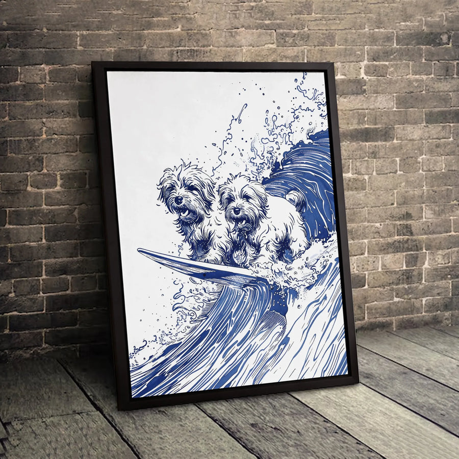 Maltese Dog Wall Art | Surfing Dogs Blue Ink Illustration | Premium 1.25" Gallery Canvas | Coastal Decor Gift for Dog Lovers