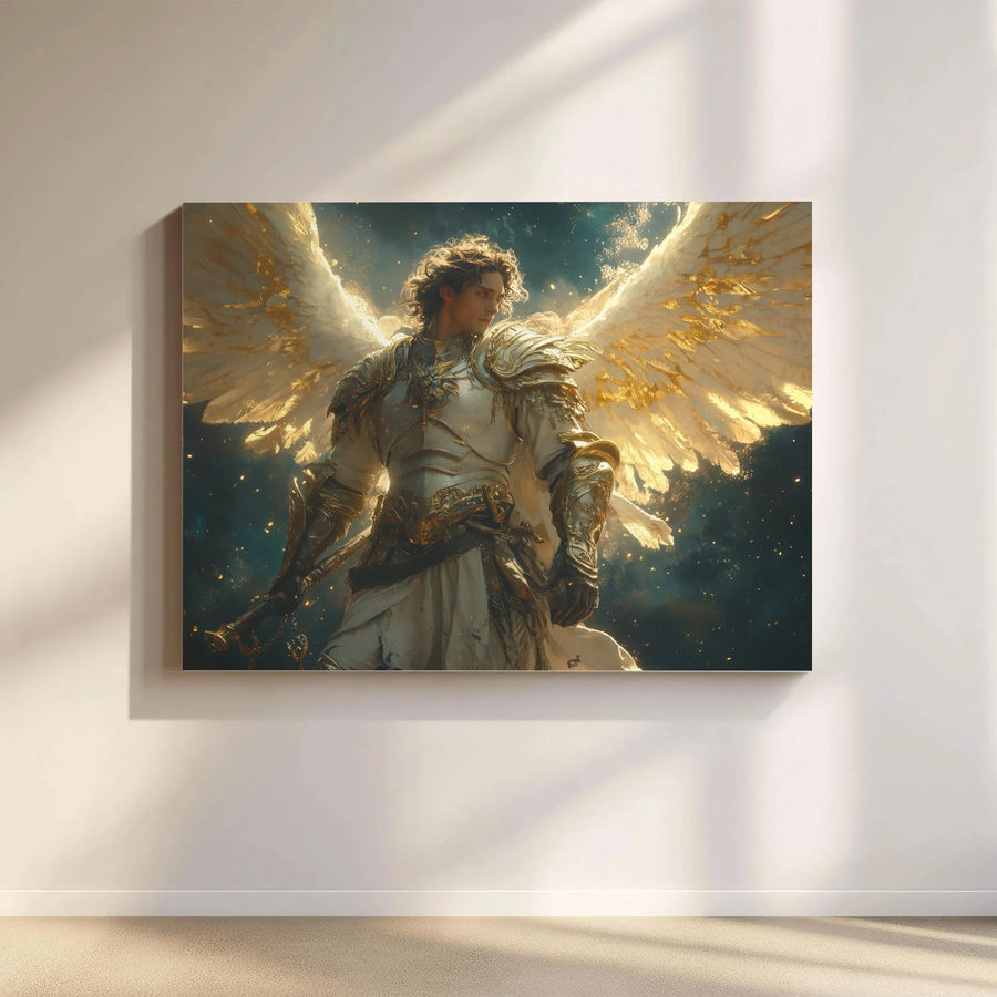 Archangel Michael Canvas Wall Art | Warrior Angel with Golden Wings | Premium Gallery Wrap Print | Religious Home Decor Gift