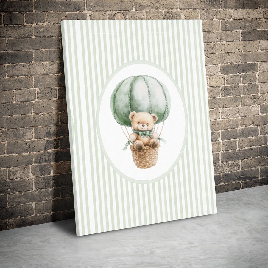 Watercolor Teddy Bear Wall Art | Green Hot Air Balloon Print | Premium Gallery Wrap Canvas | Nursery Decor or Baby Shower Gift