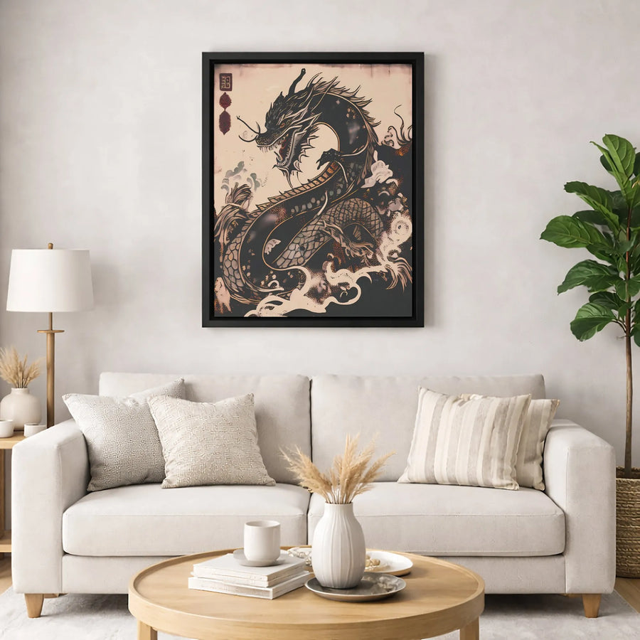 Japanese Dragon Wall Art | Traditional Black Dragon Illustration | Gallery Quality Framed Canvas | Mythical Asian Decor for Living Room Gift