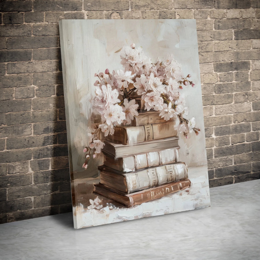Vintage Books and Cherry Blossom Canvas Art | Botanical Still Life Wall Decor | Premium Fade-Resistant Print | Elegant Gift for Book Lovers