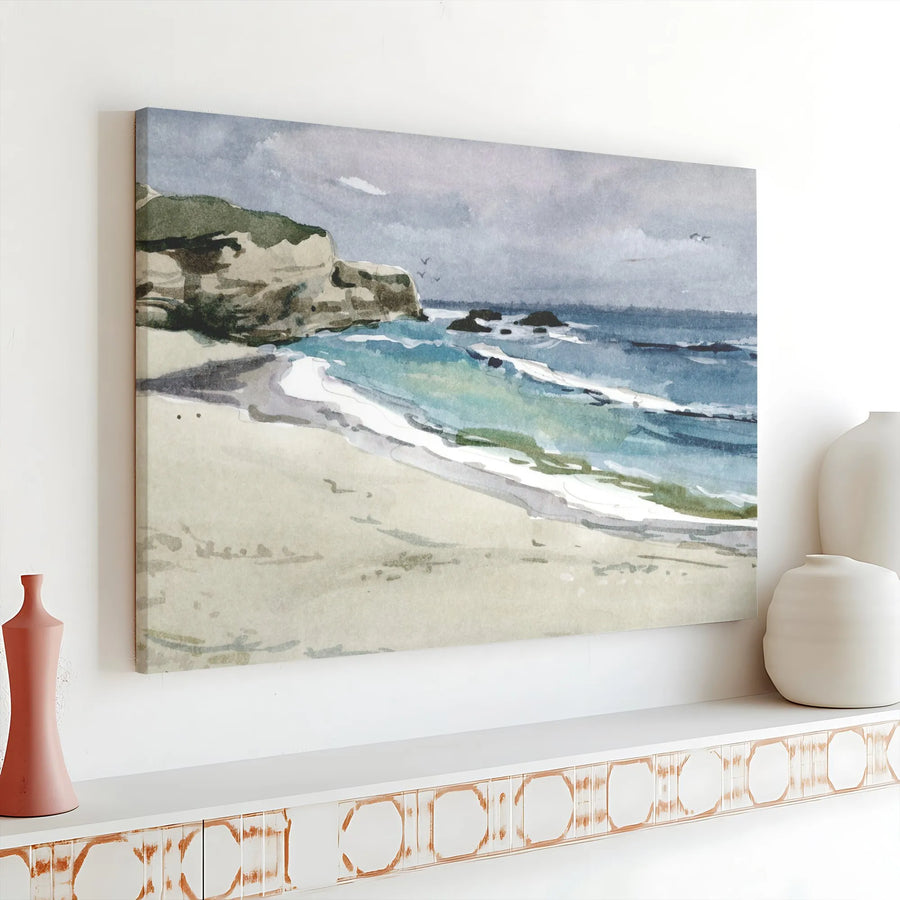 Coastal Seascape Canvas Wall Art | Watercolor Beach Painting Print | Gallery Quality Canvas Decor | Nautical Living Room Decor Gift