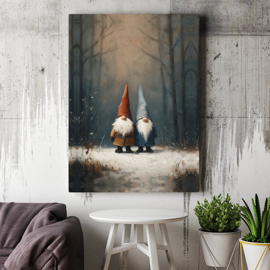 Winter Gnome Wall Art | Whimsical Snowy Forest Oil Painting Canvas | Premium Gallery Wrap Decor | Holiday Gift for Gnome Lovers