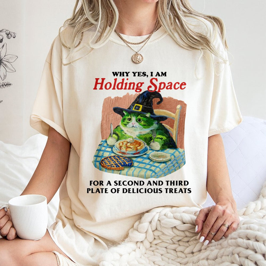 Funny Witch Cat T-Shirt | Holding Space For Treats Graphic Tee | Soft Cotton Premium Apparel | Cute Animal Lover Gift For Women And Men