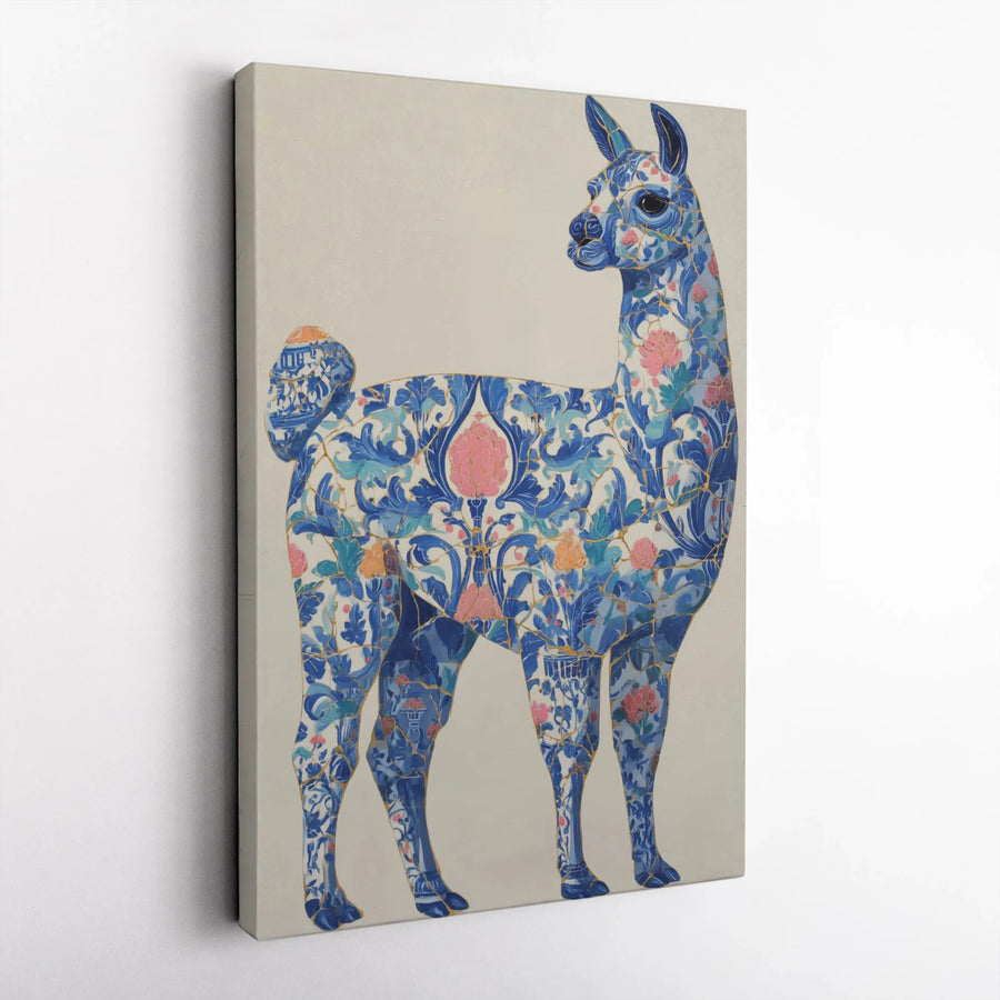Llama Canvas Wall Art | Kintsugi Blue Floral Chinoiserie Design | Premium Gallery-Wrapped Print | Unique Home Office Decor Gift