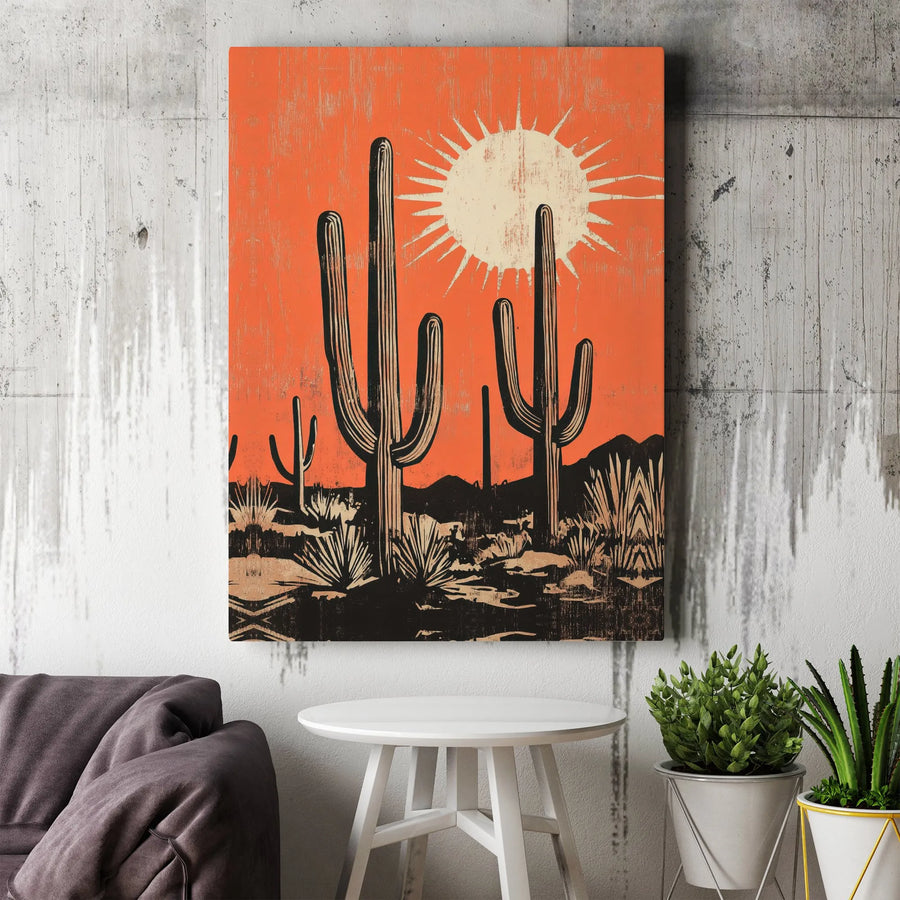 Desert Landscape Canvas Wall Art | Mid-Century Modern Saguaro Cactus Print | Premium Gallery Wrap Decor | Southwest Aesthetic Gift for Home