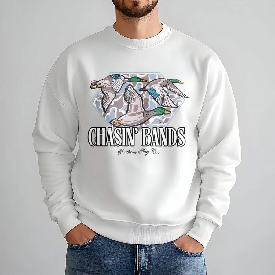 Chasin' Bands Duck Hunting Sweatshirt | Mallard Duck Camo Graphic Design | Premium Cotton Blend Crewneck | Gift for Duck Hunter Outdoorsman