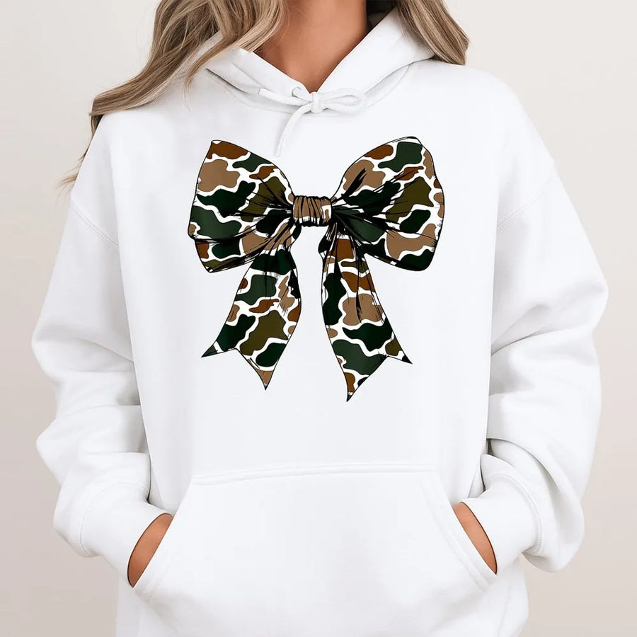 Camo Bow Hoodie | Coquette Aesthetic Graphic Sweatshirt | Premium Cotton Blend | Trendy Gift for Women and Teens