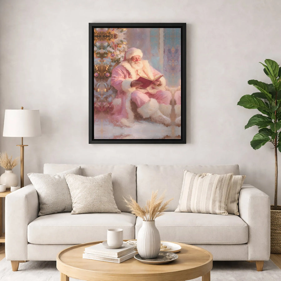 Pink Suit Santa Canvas Art | Reading by Christmas Tree Oil Painting Style | Premium Fade-Resistant Print | Festive Holiday Home Decor Gift