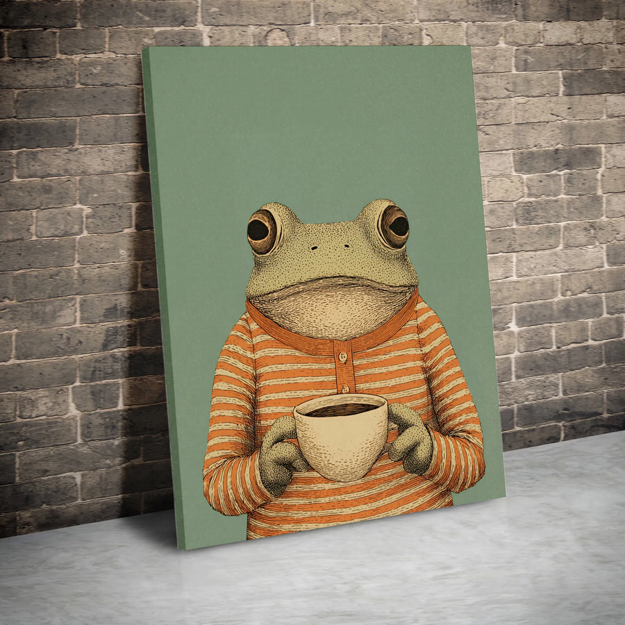 Frog With Coffee Canvas Wall Art | Anthropomorphic Toad Illustration | Premium Gallery Wrapped Print | Cute Home Decor Gift For Coffee Lovers