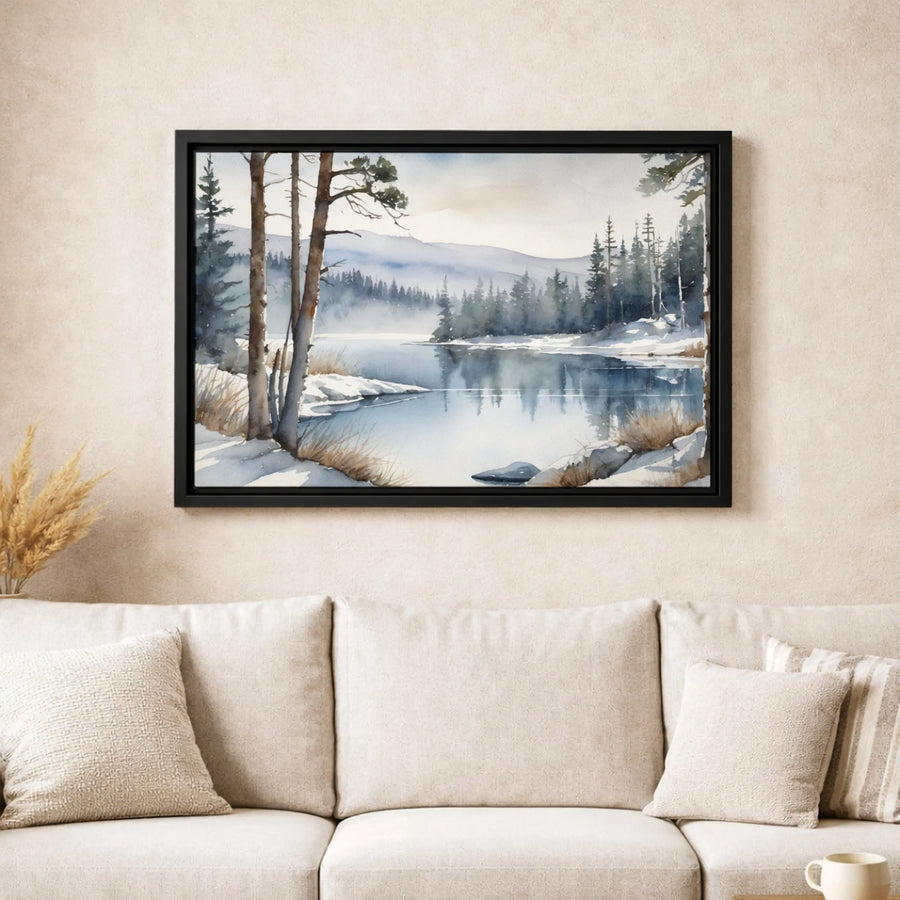 Winter Lake Landscape Canvas | Watercolor Forest Snowy Art Print | Premium 1.25" Gallery Wrap Wall Decor | Nature Lover Gift