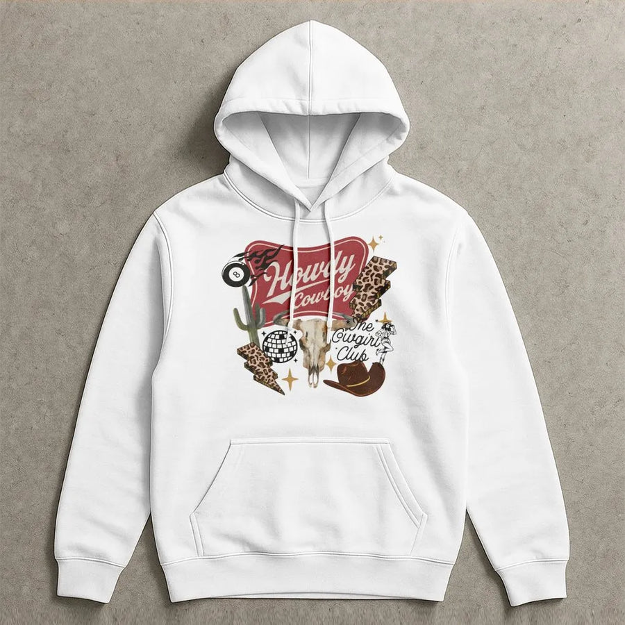 Western Collage Hoodie | Cowgirl Club Graphic with Cowboy Skull & Disco Ball | Premium Cotton Blend Sweatshirt | Country Concert Gift for Women