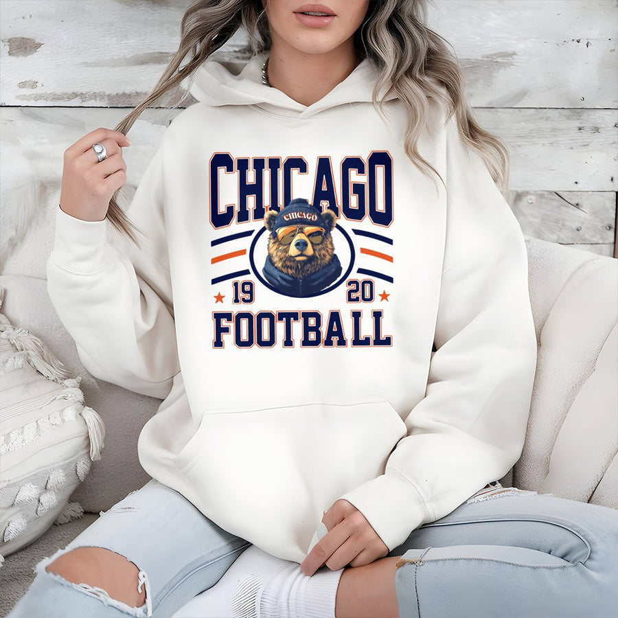 Vintage Chicago Football Hoodie Retro Bear Mascot Graphic Unisex Tailgate Football Outfit