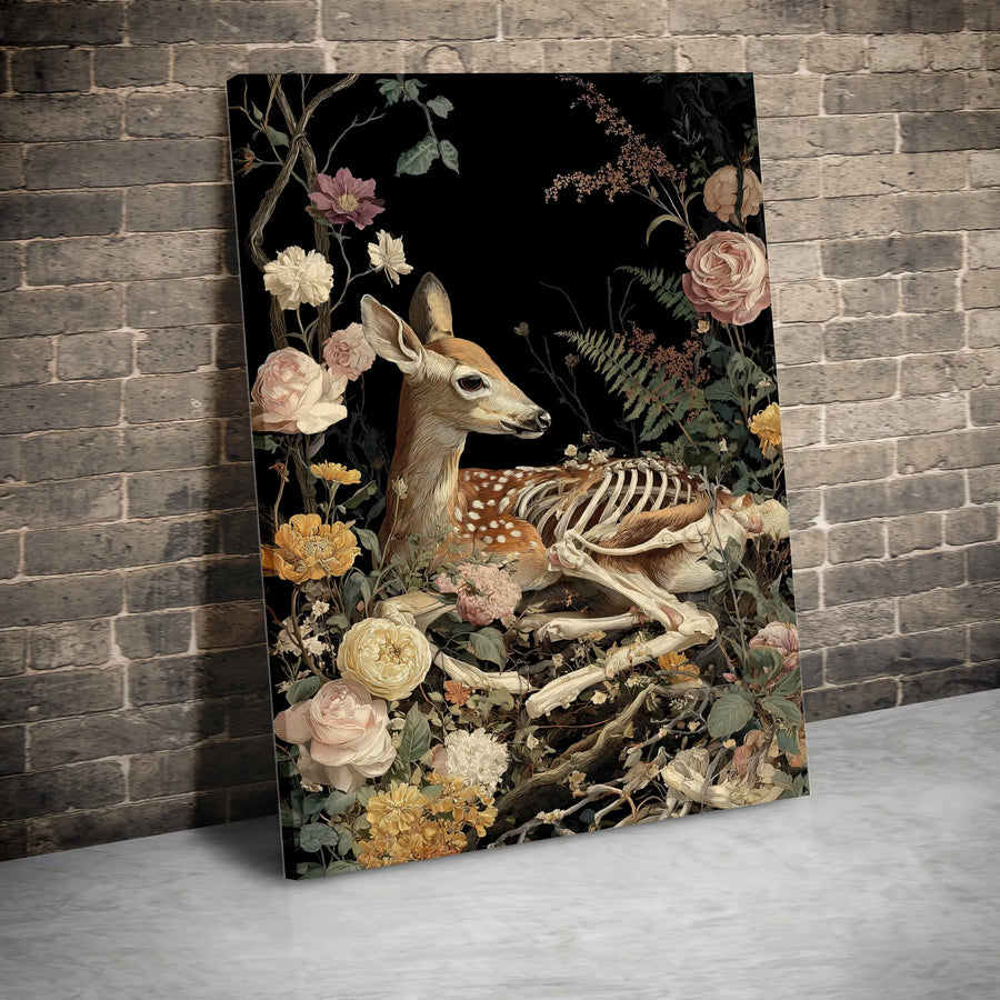 Gothic Deer Skeleton Canvas Wall Art | Dark Botanical Floral Print | Premium 1.25-Inch Gallery Wrap | Moody Aesthetic Home Decor Gift