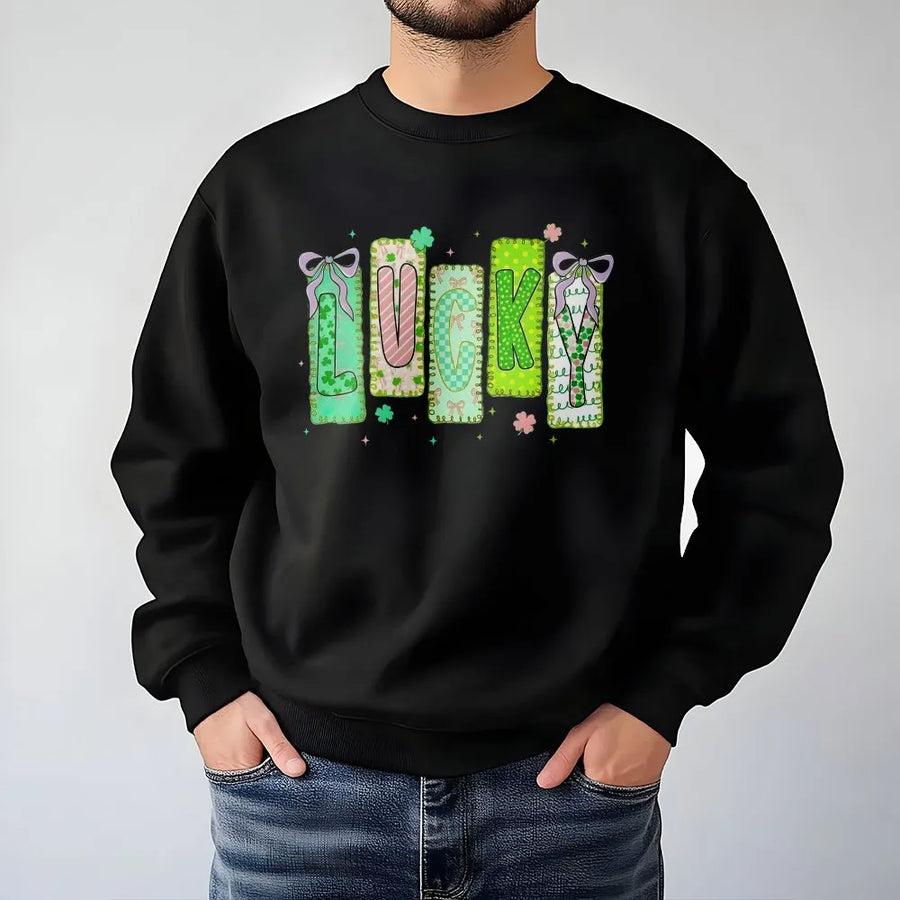Lucky St. Patrick’s Day Sweatshirt | Patchwork Letter Shamrock Aesthetic | Soft Premium Cotton Blend | Gift for Her Preppy Irish Holiday Outfit